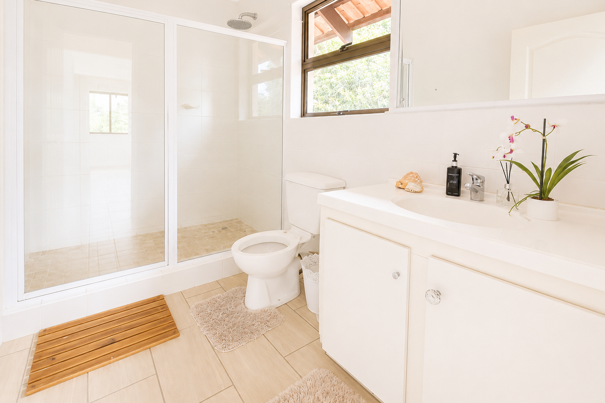 A clean and functional bathroom featuring a glass-enclosed shower, a white vanity with basin, and neutral tiled flooring.