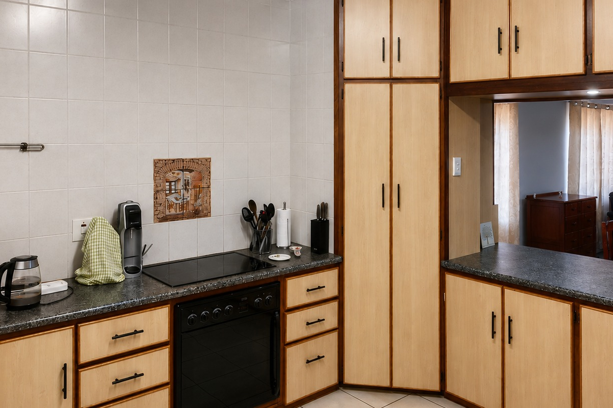 A functional kitchen featuring light wood-tone cabinetry, dark laminate countertops, ceramic wall tiling, and integrated cooking appliances with a pass-through to the living area.