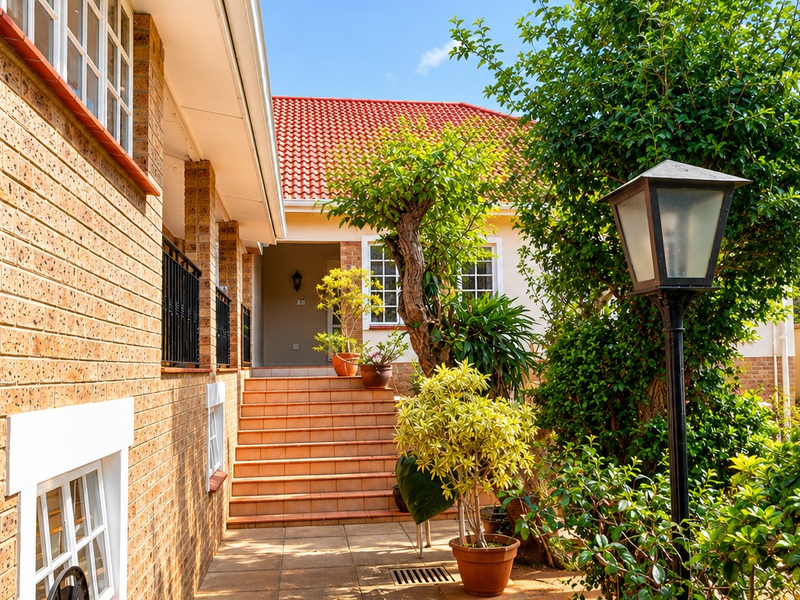 A well-maintained rear exterior view featuring a brick facade, tiled roof, paved patio area, and an external staircase leading to the entrance.