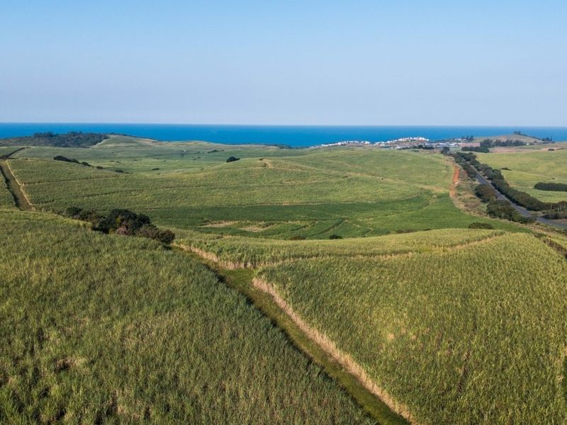 An expansive aerial view of rolling agricultural farmland with a scenic coastal backdrop and distant ocean horizon.