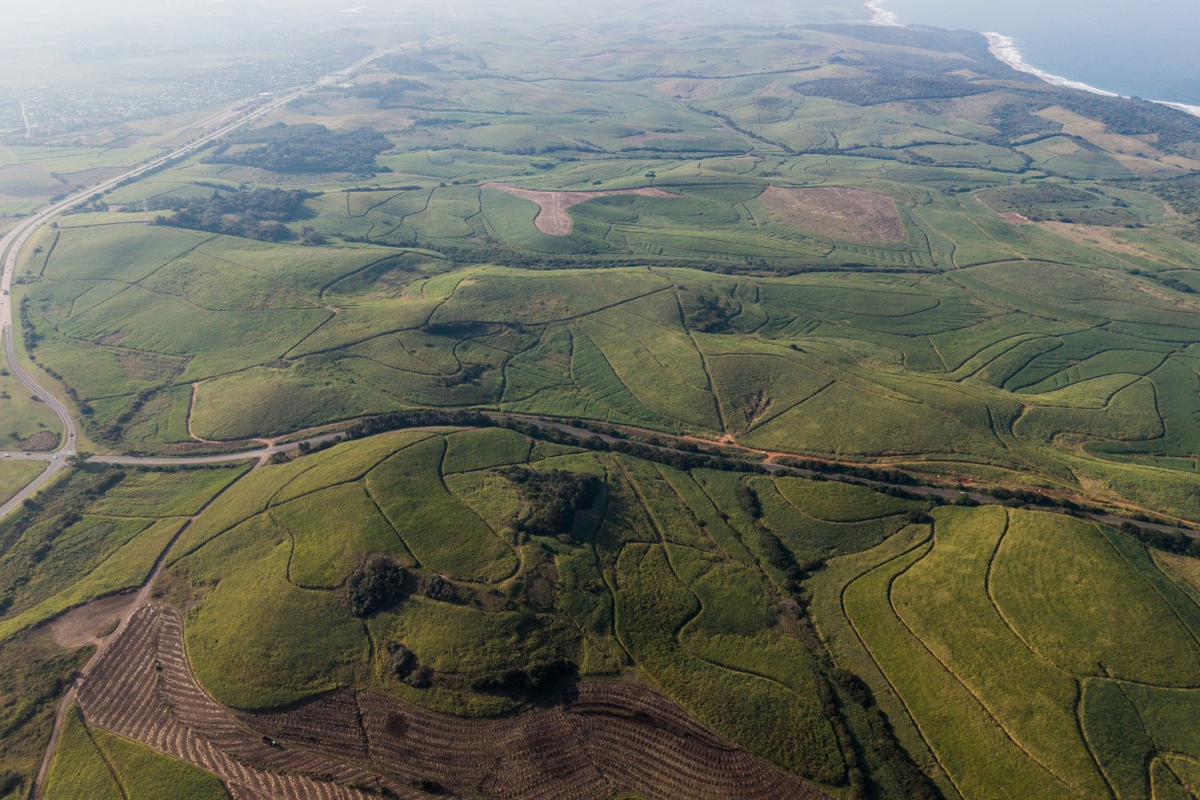 An expansive aerial view of the farm property, showcasing vast agricultural fields, proximity to the highway, and coastal landscape.