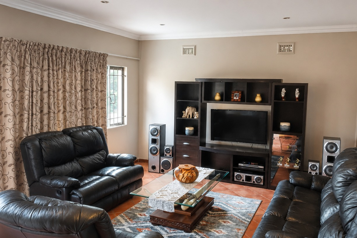 A comfortable living room featuring terracotta floor tiles, coved ceilings with recessed lighting, and secure window fittings.