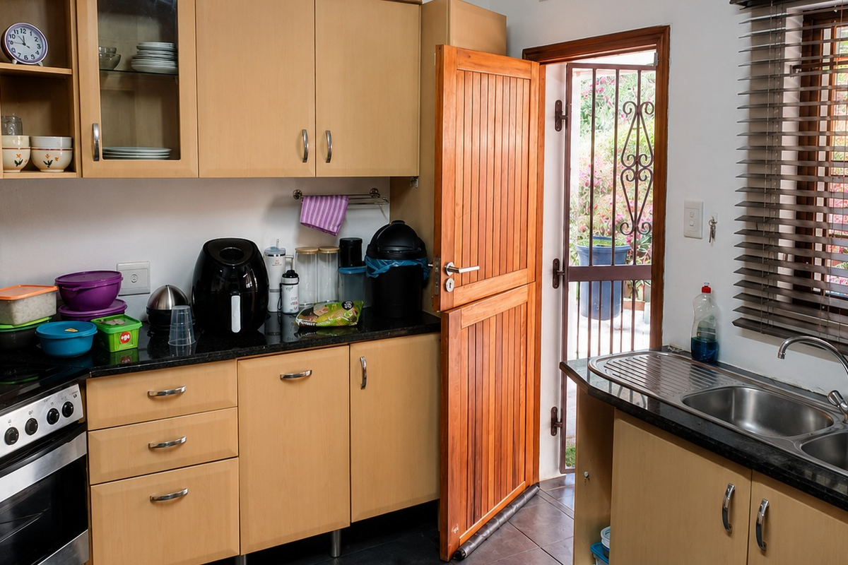 A functional kitchen featuring light wood cabinetry, granite countertops, a double sink, and an integrated electric stove, with direct access to the exterior.