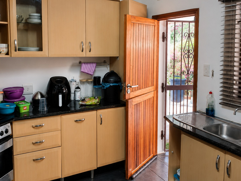 A functional kitchen featuring light wood cabinetry, granite countertops, a double sink, and an integrated electric stove, with direct access to the exterior.