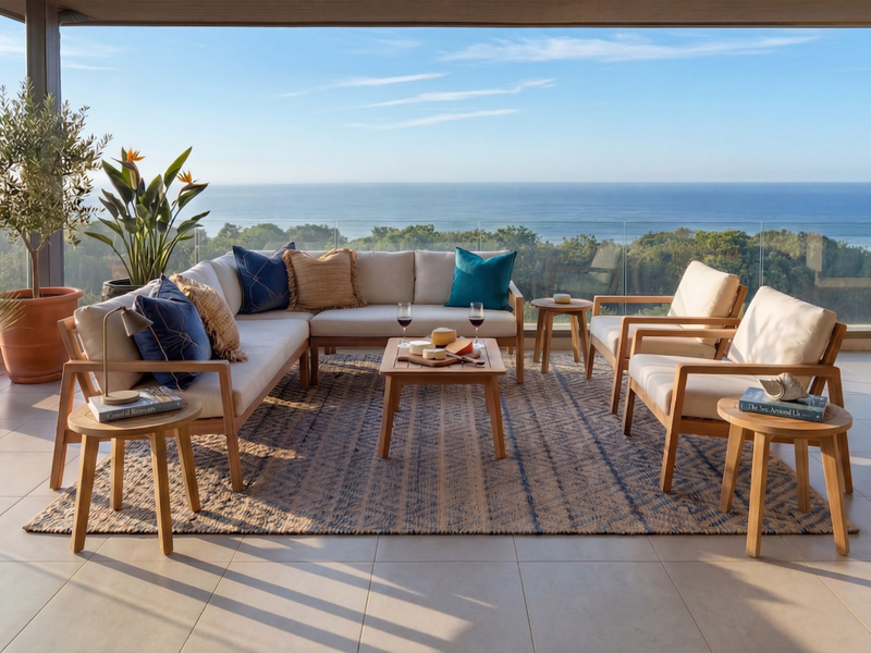Spacious covered balcony featuring tiled flooring and a glass balustrade, offering expansive ocean views.