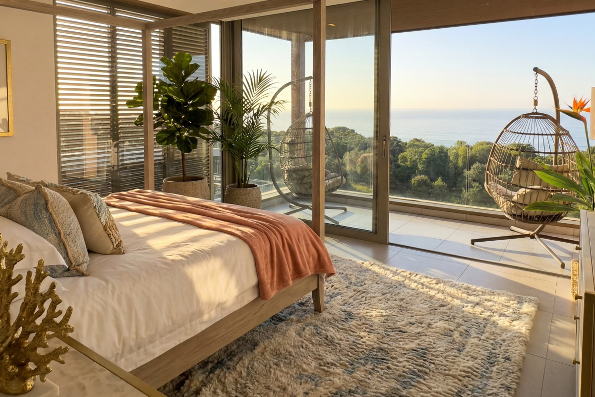 Spacious bedroom featuring floor-to-ceiling sliding glass doors that open onto a balcony with expansive ocean and forest views.
