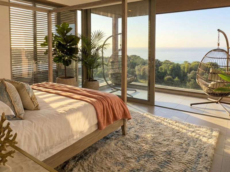 Spacious bedroom featuring floor-to-ceiling sliding glass doors that open onto a balcony with expansive ocean and forest views.