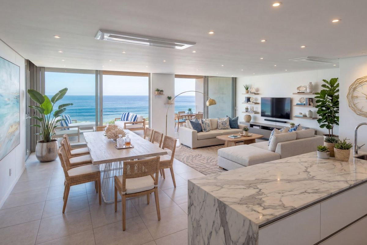 Spacious open-plan living and dining area featuring a marble kitchen island, recessed lighting, and expansive sliding doors opening to a scenic ocean view.