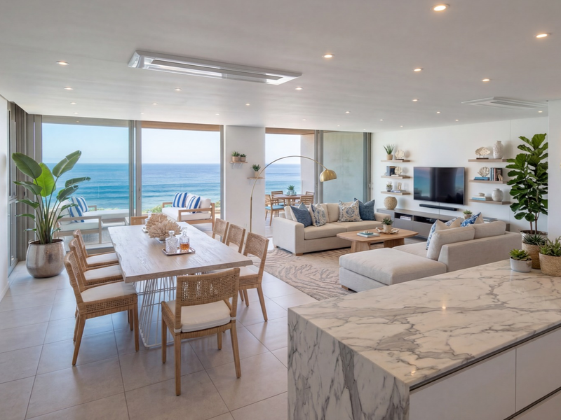 Spacious open-plan living and dining area featuring a marble kitchen island, recessed lighting, and expansive sliding doors opening to a scenic ocean view.
