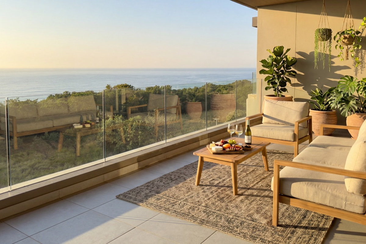 A spacious covered balcony featuring a modern glass balustrade and tiled flooring, offering expansive ocean views.
