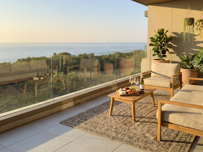 A spacious covered balcony featuring a modern glass balustrade and tiled flooring, offering expansive ocean views.