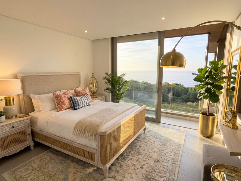 A bright, modern bedroom featuring large sliding glass doors that open onto a balcony with scenic ocean views and high-quality finishes.