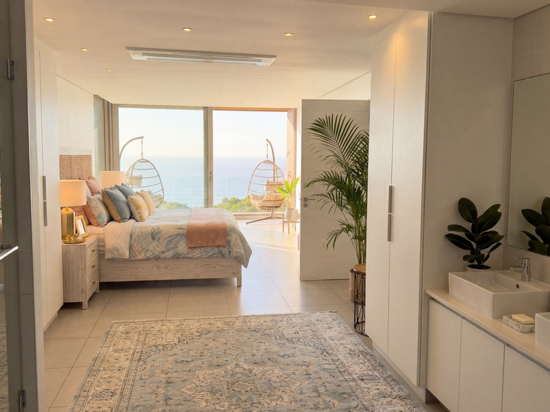 Spacious bedroom featuring an open-plan ensuite with double vanity, built-in cupboards, recessed lighting, and large sliding doors opening to a scenic ocean view.