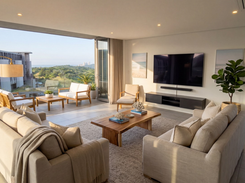 Spacious modern living room featuring large glass sliding doors, tiled floors, recessed lighting, and seamless access to a private balcony with scenic views.