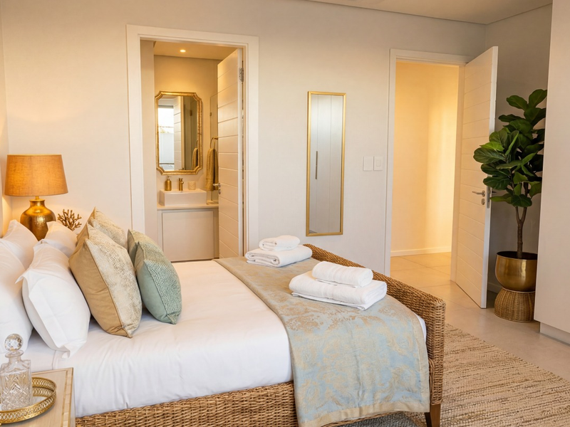 A well-appointed bedroom featuring built-in wardrobes, neutral tiled flooring, and direct access to an en-suite bathroom with modern fixtures.