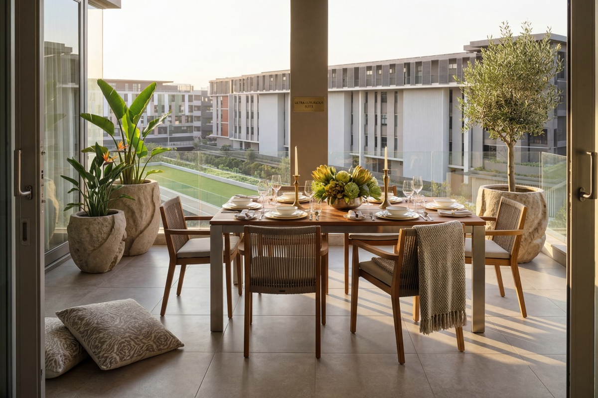 A spacious covered balcony featuring tiled flooring, a glass balustrade, and large sliding doors, offering an elegant outdoor dining area with modern architectural finishes.