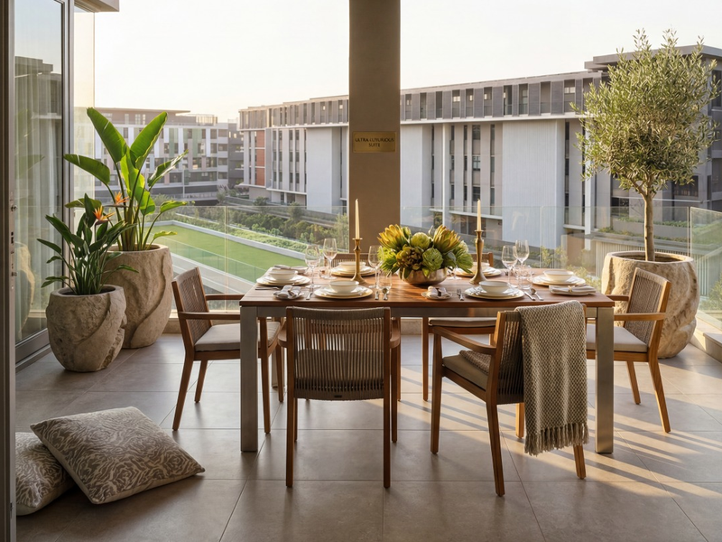 A spacious covered balcony featuring tiled flooring, a glass balustrade, and large sliding doors, offering an elegant outdoor dining area with modern architectural finishes.