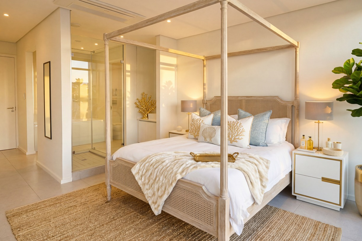 Spacious bedroom featuring neutral tones, recessed lighting, tiled flooring, and an integrated en-suite bathroom with a glass-enclosed shower.