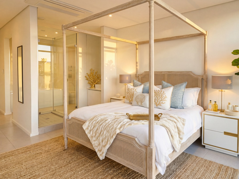 Spacious bedroom featuring neutral tones, recessed lighting, tiled flooring, and an integrated en-suite bathroom with a glass-enclosed shower.