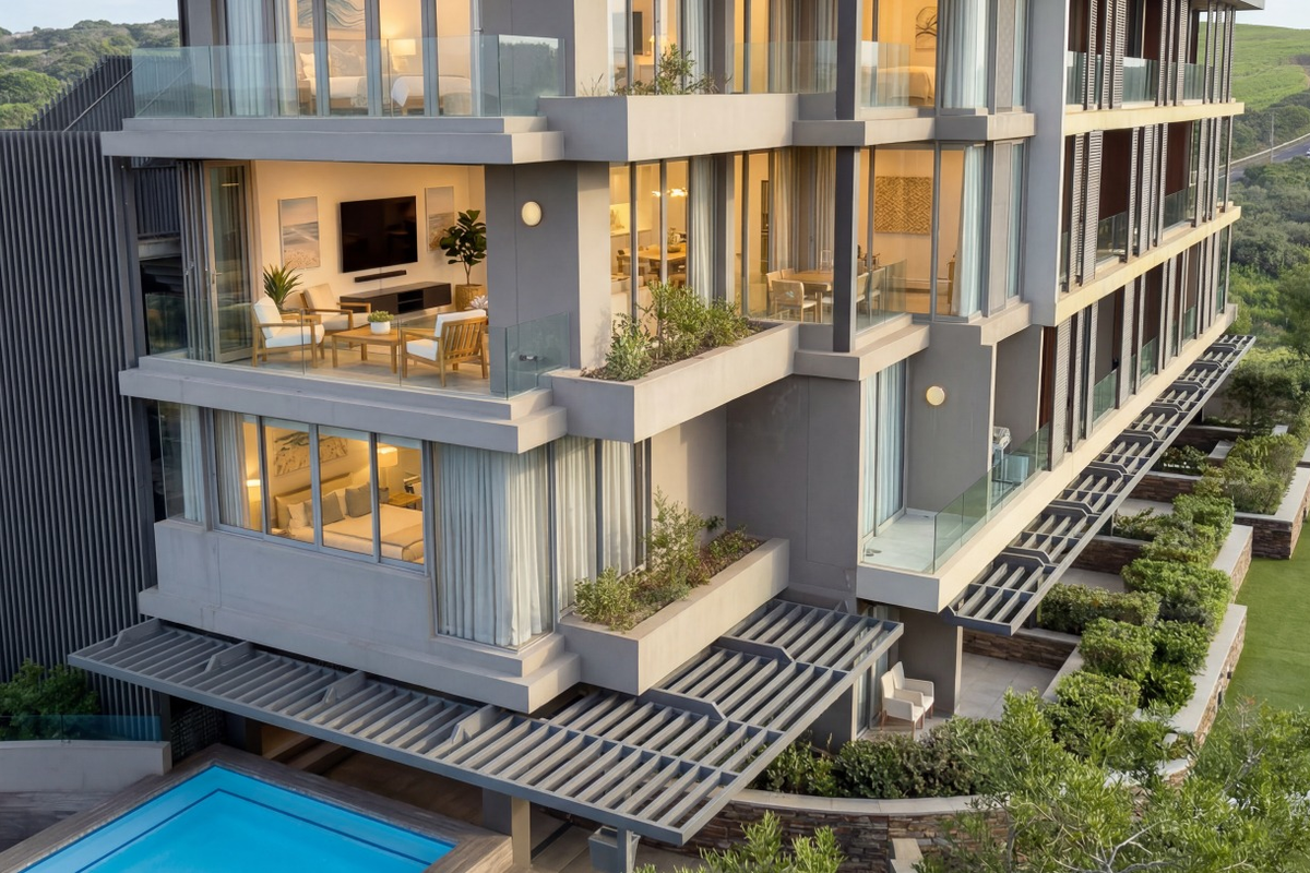 Aerial view of a modern apartment building featuring contemporary concrete architecture, glass balconies, a swimming pool, and landscaped grounds.