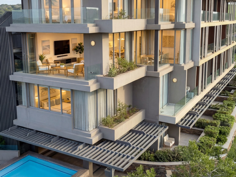Aerial view of a modern apartment building featuring contemporary concrete architecture, glass balconies, a swimming pool, and landscaped grounds.