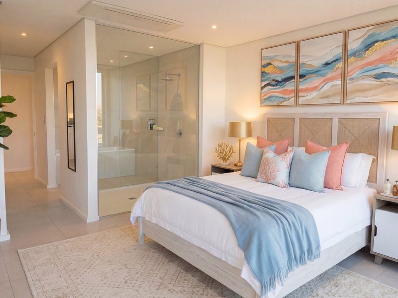 Modern bedroom featuring a glass-enclosed en-suite shower, recessed ceiling lighting, ducted air conditioning, and neutral tiled flooring.