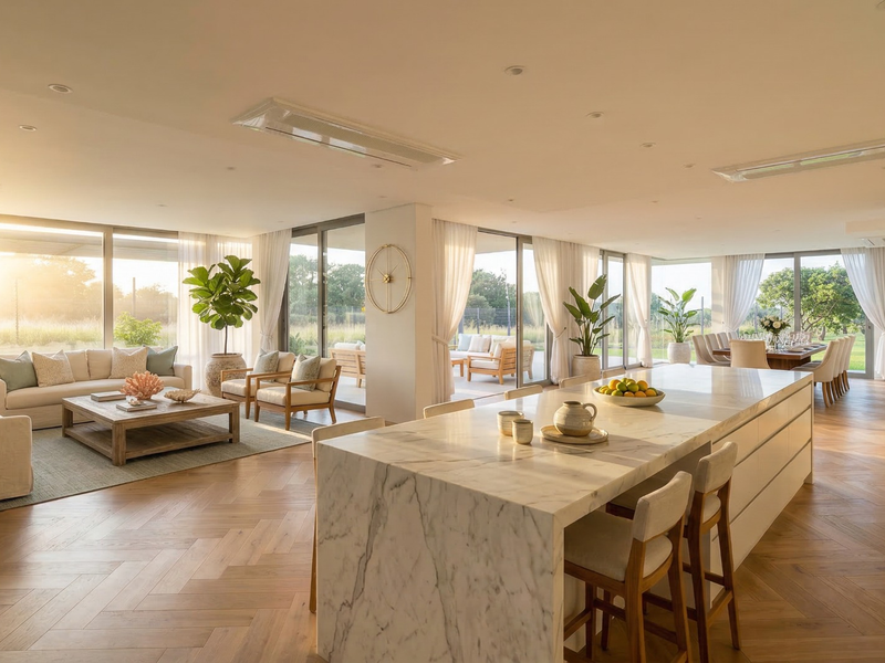 Spacious open-plan living and kitchen area featuring premium marble island, herringbone timber flooring, and expansive floor-to-ceiling glass doors leading to the outdoor patio.