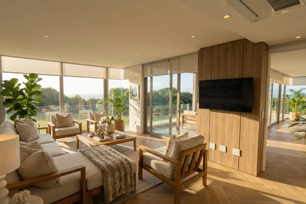 Modern open-plan living area featuring herringbone timber flooring, recessed lighting, ducted air conditioning, and floor-to-ceiling glass doors opening to a balcony with scenic views.