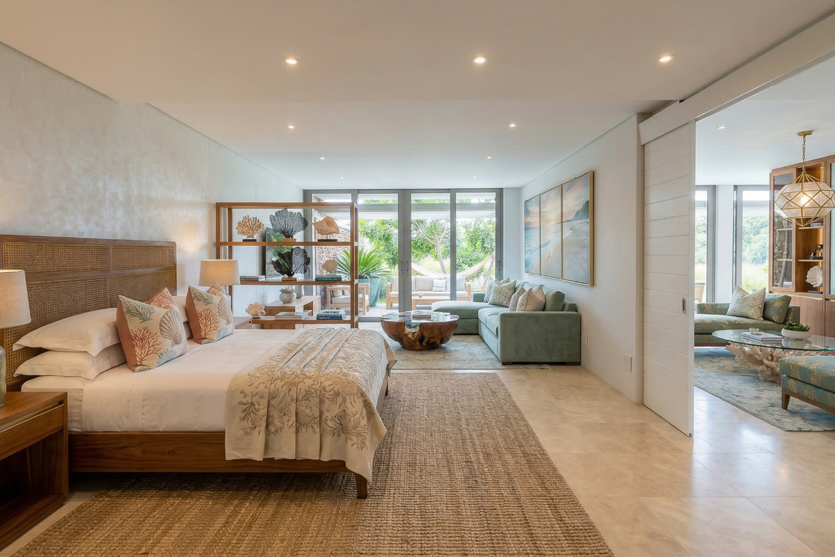 Spacious master bedroom featuring stone flooring, recessed lighting, and large glass sliding doors leading to an outdoor patio area.