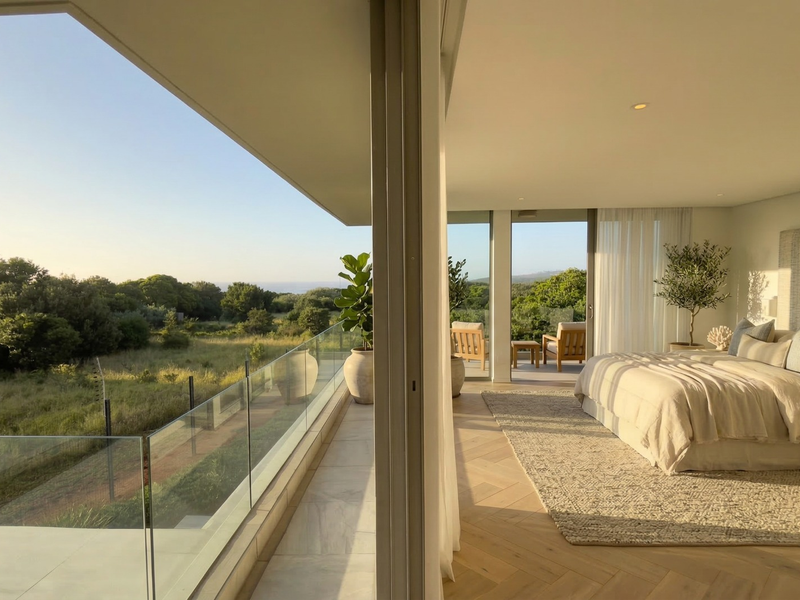 Spacious bedroom featuring herringbone timber flooring and large sliding glass doors opening onto a private balcony with scenic landscape views.