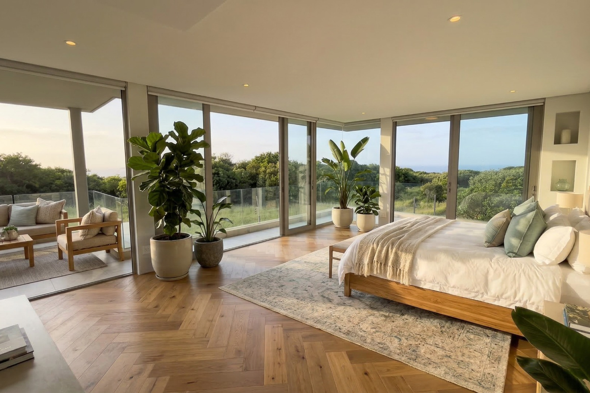 Spacious bedroom featuring premium herringbone timber flooring, floor-to-ceiling sliding glass doors, and seamless access to a private balcony with scenic views.