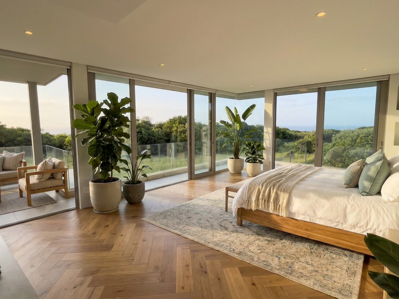 Spacious bedroom featuring premium herringbone timber flooring, floor-to-ceiling sliding glass doors, and seamless access to a private balcony with scenic views.