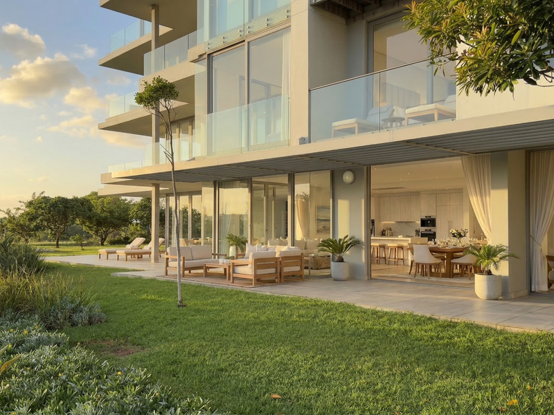 A modern apartment exterior featuring a spacious tiled patio, glass balustrades, and seamless indoor-outdoor flow into the open-plan living and kitchen area.