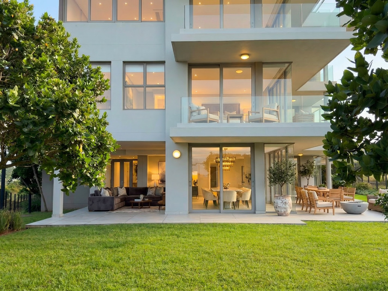 Rear view of a modern multi-story apartment building featuring expansive glass sliding doors, private balconies with glass balustrades, and a well-maintained garden patio area.