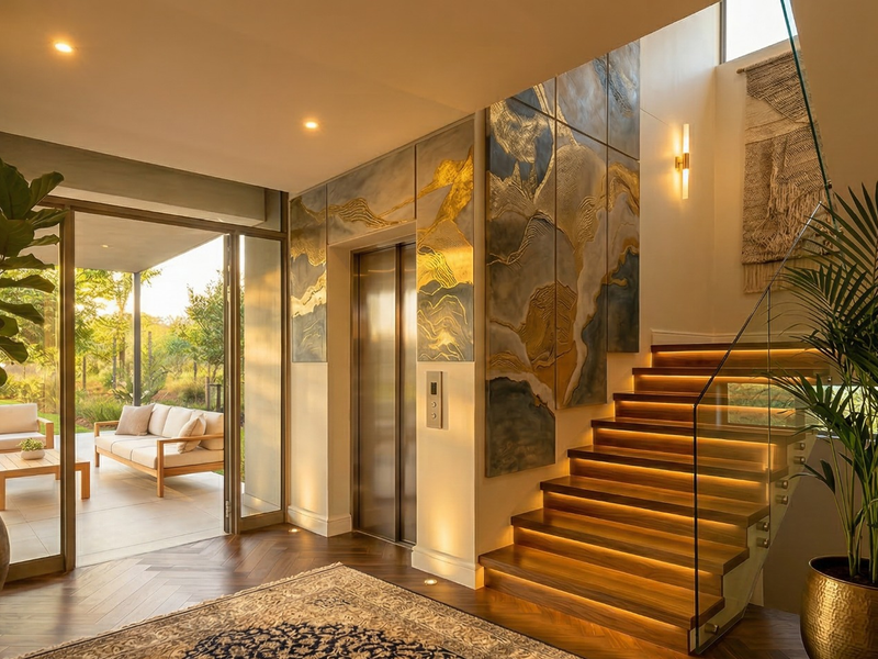Elegant entrance foyer featuring a modern elevator, illuminated timber staircase with glass balustrade, and seamless access to an outdoor patio area.