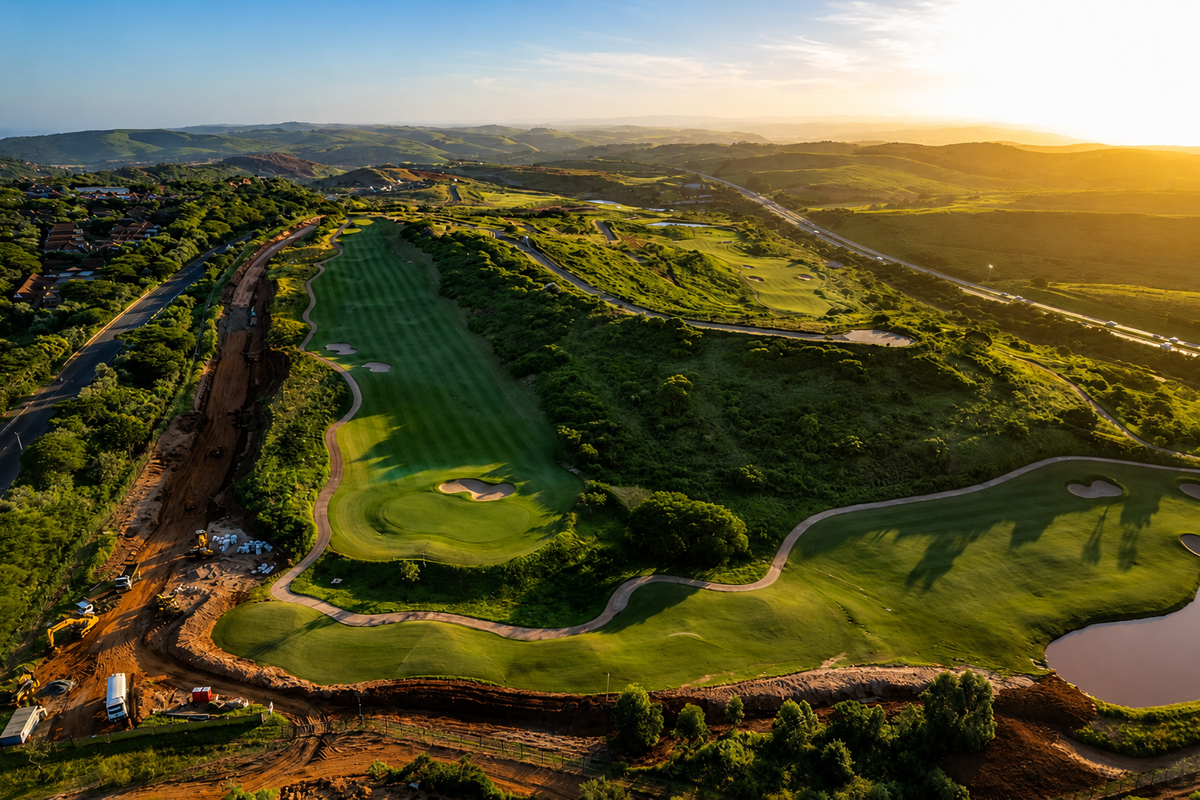 An aerial view of a golf course landscape at sunset, showing rolling hills, fairways, and adjacent construction activity.