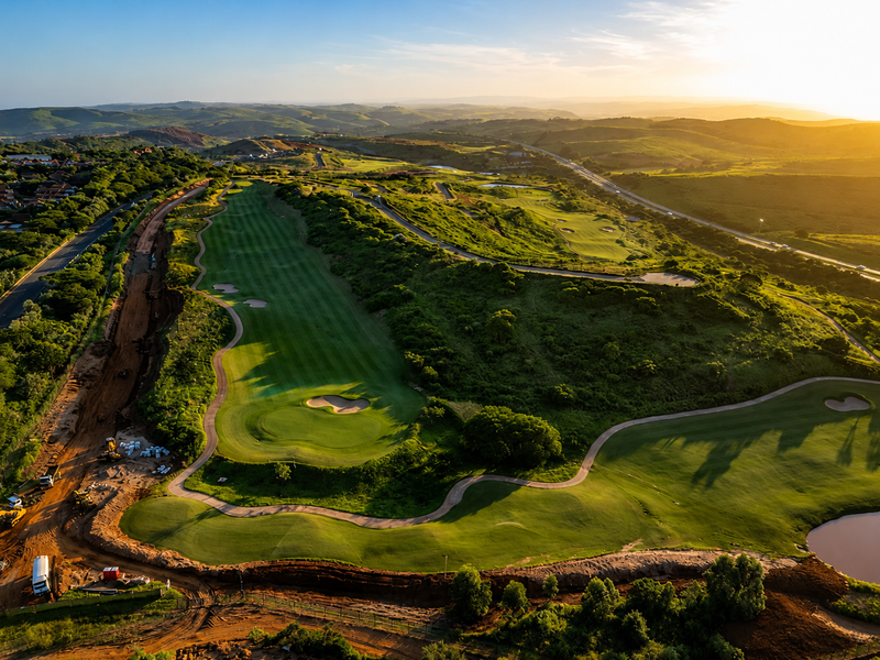 An aerial view of a golf course landscape at sunset, showing rolling hills, fairways, and adjacent construction activity.