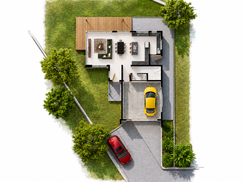 A detailed 3D floor plan showing the ground level layout, including an open-plan living area, kitchen, garage, and surrounding landscaped garden.