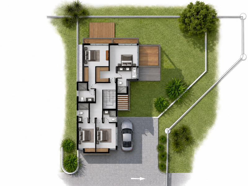 A detailed architectural floor plan showing the layout of the townhouse, including bedrooms, living areas, bathrooms, and surrounding garden space.