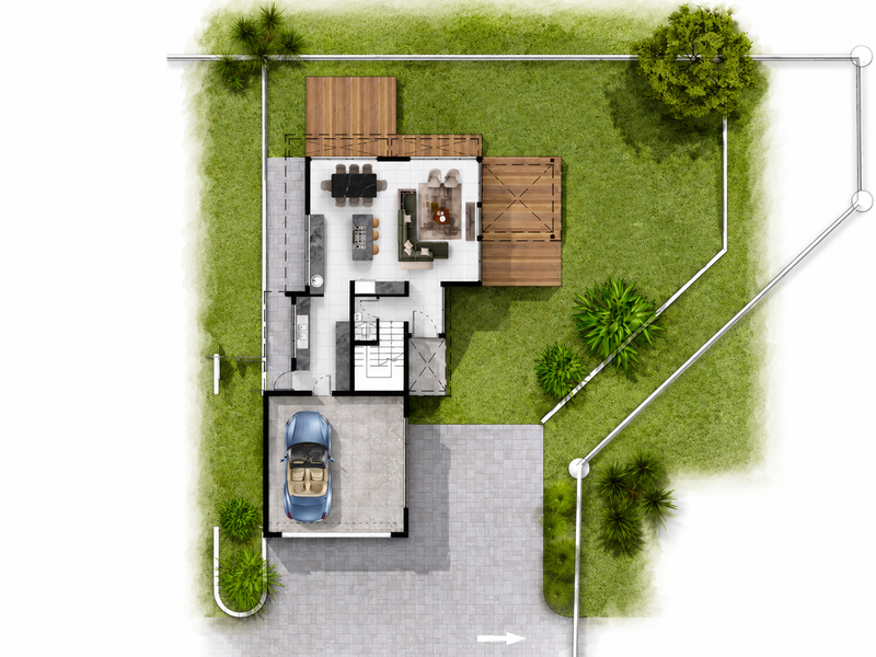 A detailed architectural floor plan showing the ground level layout, including open-plan living areas, kitchen, garage, and surrounding garden space.
