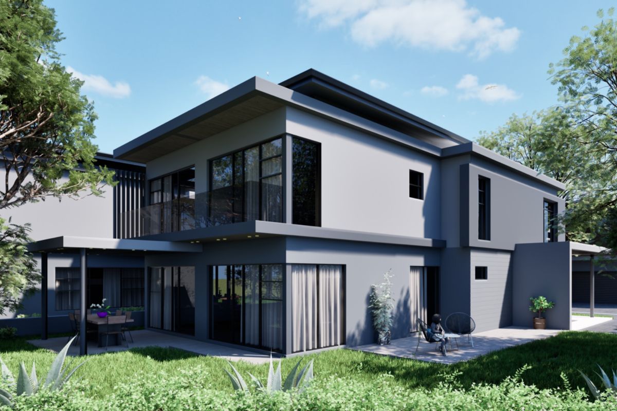 A modern two-story townhouse exterior featuring a covered patio, expansive glass sliding doors, and a sleek contemporary architectural design.