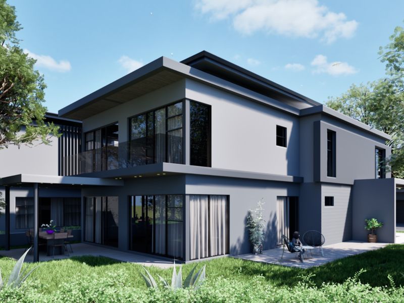 A modern two-story townhouse exterior featuring a covered patio, expansive glass sliding doors, and a sleek contemporary architectural design.