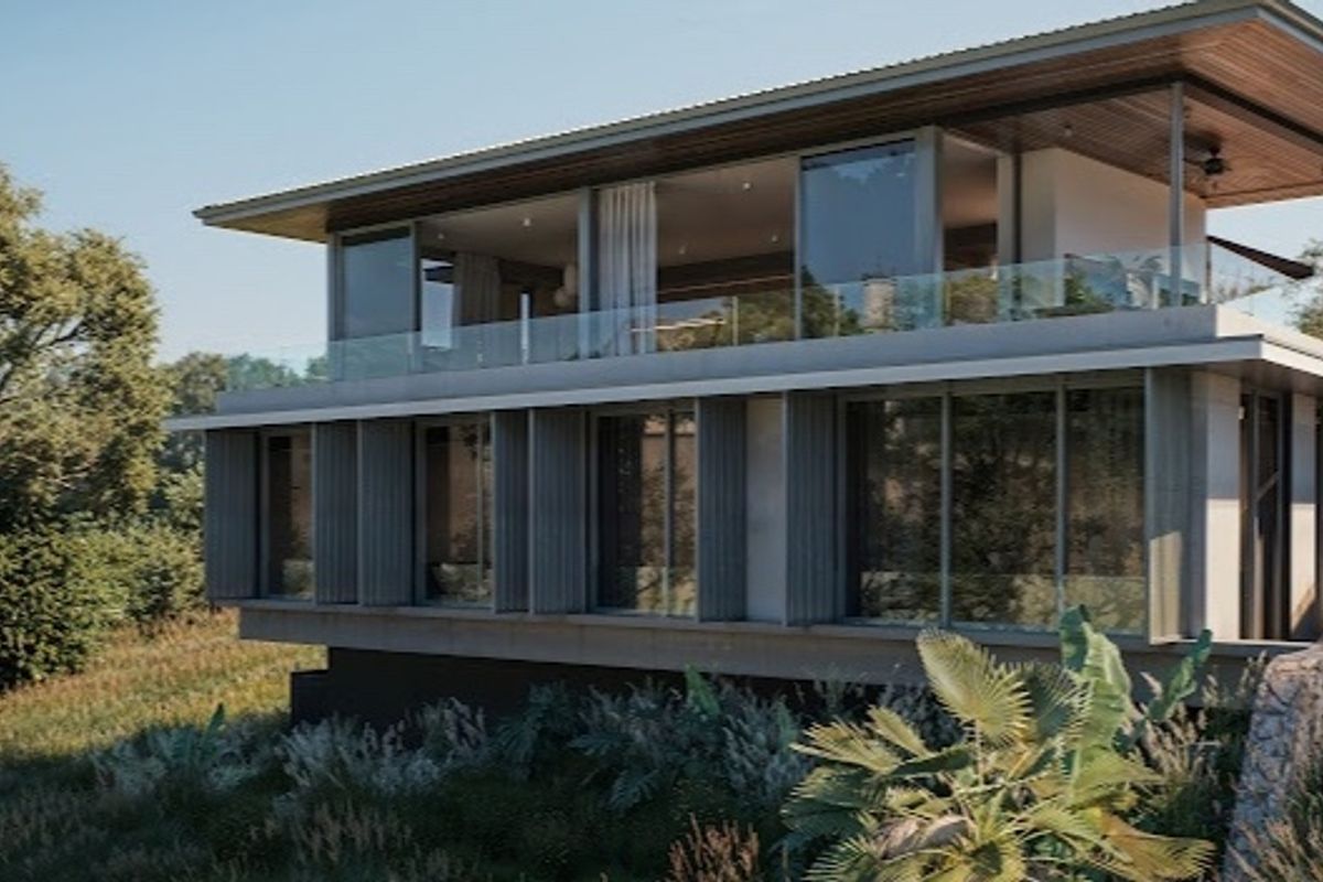 A modern multi-level residential property featuring expansive glass sliding doors, a glass balustrade, and a timber-lined overhanging roof set within a landscaped environment.