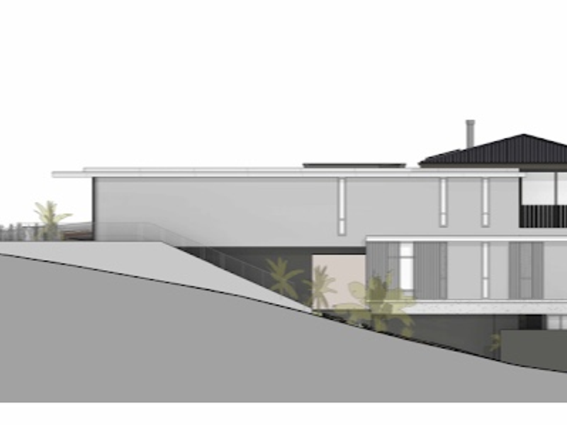 Architectural elevation drawing showing the proposed residential building design on a sloped site.