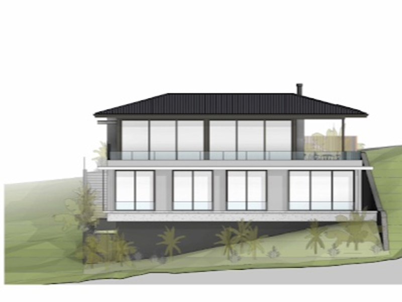 Architectural elevation rendering of a multi-level residential property featuring large glass sliding doors, a balcony with glass balustrades, and a pitched roof.
