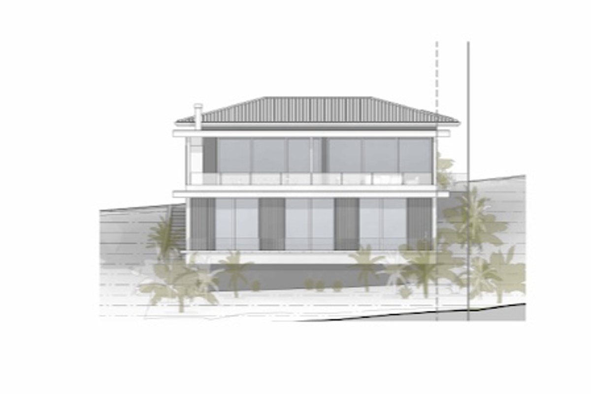 Architectural elevation drawing showing the proposed two-story residential design with balconies and extensive glass facade.