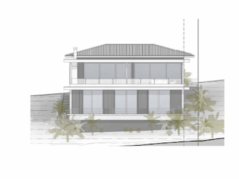 Architectural elevation drawing showing the proposed two-story residential design with balconies and extensive glass facade.