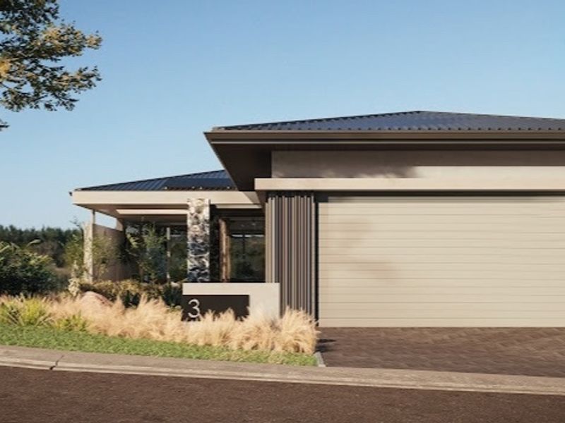 A modern residential exterior featuring a clean facade, integrated garage, and stone accents, presented as a high-quality architectural rendering.