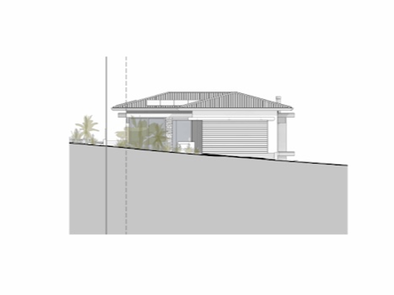 Architectural elevation drawing showing the proposed residential structure on a sloped site.