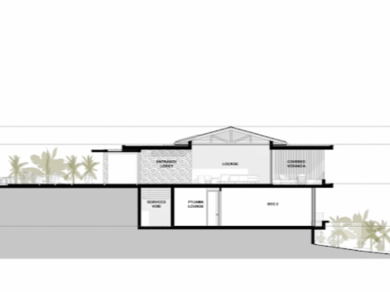 Architectural cross-section drawing showing the multi-level layout of the proposed residential property, including lounge, veranda, and lower ground floor spaces.